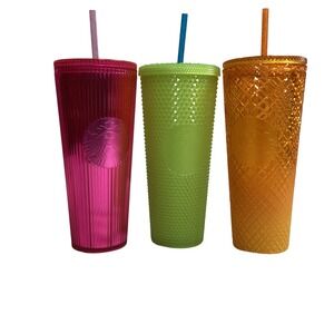 Starbucks Studded Tumbler Bundle Set 3 Venti 24oz Reusable Cold Cup (New Straws)
